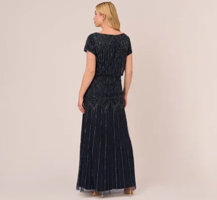Adrianna Papell Wedding Guest Dresses|Formal Dresses*Plus Size Short Sleeve Blouson Beaded Gown In