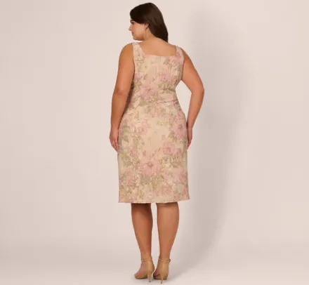 Adrianna Papell Wedding Guest Dresses|Day Dresses*Plus Size Sleeveless Floral Matelasse Sheath Dress With Pleated Details In Rose Multi