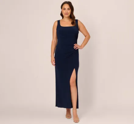 Adrianna Papell Wedding Guest Dresses|Formal Dresses*Plus Size Sleeveless Jersey Gown With Embellished Lace Cowl Back In