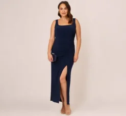 Adrianna Papell Wedding Guest Dresses|Formal Dresses*Plus Size Sleeveless Jersey Gown With Embellished Lace Cowl Back In