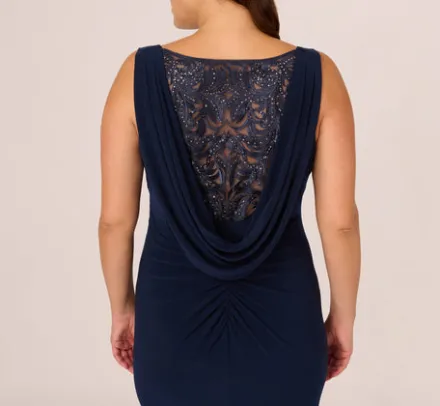 Adrianna Papell Wedding Guest Dresses|Formal Dresses*Plus Size Sleeveless Jersey Gown With Embellished Lace Cowl Back In