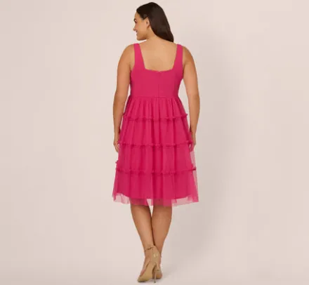 Adrianna Papell Wedding Guest Dresses|Petite-Friendly*Plus Size Sleeveless Midi Dress With Square Neck And Tiered Skirt In Bright Rose