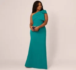 Adrianna Papell Wedding Guest Dresses|Formal Dresses*Plus Size Stretch Crepe One Shoulder Mermaid Gown With Bow Accent In Tempo Teal