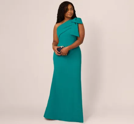Adrianna Papell Wedding Guest Dresses|Formal Dresses*Plus Size Stretch Crepe One Shoulder Mermaid Gown With Bow Accent In Tempo Teal