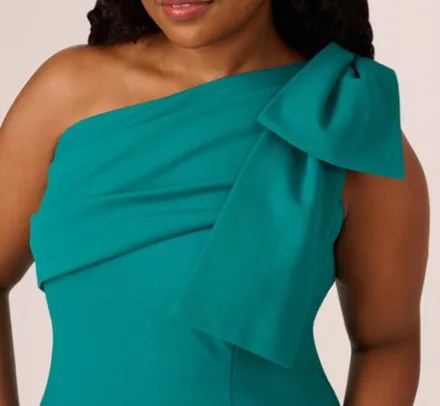 Adrianna Papell Wedding Guest Dresses|Formal Dresses*Plus Size Stretch Crepe One Shoulder Mermaid Gown With Bow Accent In Tempo Teal