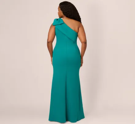 Adrianna Papell Wedding Guest Dresses|Formal Dresses*Plus Size Stretch Crepe One Shoulder Mermaid Gown With Bow Accent In Tempo Teal