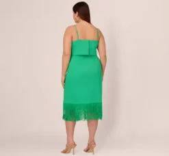 Adrianna Papell Wedding Guest Dresses|Petite-Friendly*Plus Size Stretch Crepe Popover Midi Dress With Fringe Hem In Summer Green