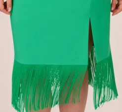 Adrianna Papell Wedding Guest Dresses|Petite-Friendly*Plus Size Stretch Crepe Popover Midi Dress With Fringe Hem In Summer Green
