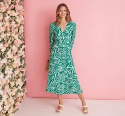 Adrianna Papell Wedding Guest Dresses|Ap Exclusives*Printed Faux Wrap Dress With Bishop Long Sleeves In Green Ivory