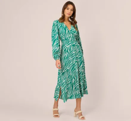 Adrianna Papell Wedding Guest Dresses|Ap Exclusives*Printed Faux Wrap Dress With Bishop Long Sleeves In Green Ivory