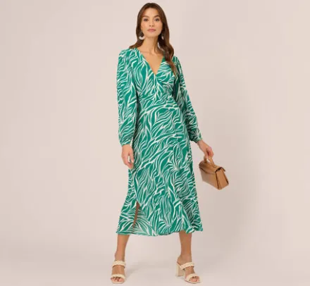 Adrianna Papell Wedding Guest Dresses|Ap Exclusives*Printed Faux Wrap Dress With Bishop Long Sleeves In Green Ivory