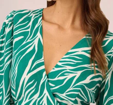 Adrianna Papell Wedding Guest Dresses|Ap Exclusives*Printed Faux Wrap Dress With Bishop Long Sleeves In Green Ivory