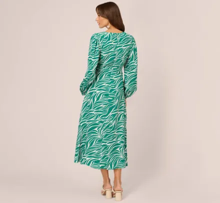 Adrianna Papell Wedding Guest Dresses|Ap Exclusives*Printed Faux Wrap Dress With Bishop Long Sleeves In Green Ivory