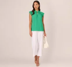 Adrianna Papell Tops & Blouses*Printed Flutter Sleeve Top With Tie Neck In Emerald Ivory Micro Dot
