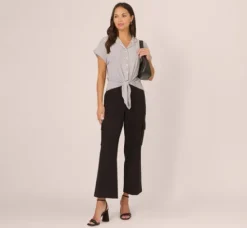 Adrianna Papell Tops & Blouses*Printed Short Sleeve Collared Top With Tie Front In Ivory Arrow Geo