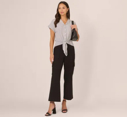 Adrianna Papell Tops & Blouses*Printed Short Sleeve Collared Top With Tie Front In Ivory Arrow Geo