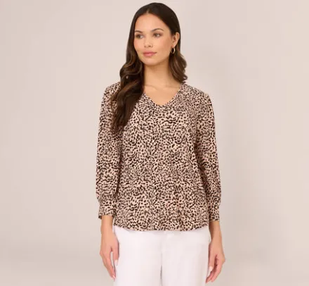 Adrianna Papell Tops & Blouses|Co-Ord Sets*Printed V Neck Top With Cuffed Three Quarter Sleeves In Tan Shadow Leopard