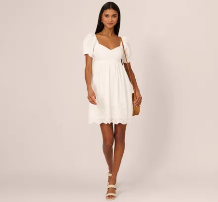 Adrianna Papell Day Dresses|Little White Dresses*Puff Short Sleeve Eyelet Dress With Empire Waist In