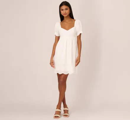 Adrianna Papell Day Dresses|Little White Dresses*Puff Short Sleeve Eyelet Dress With Empire Waist In