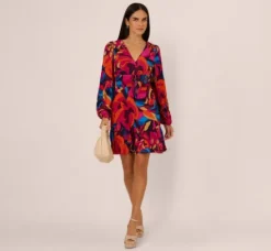 Adrianna Papell Wedding Guest Dresses|Day Dresses*Retro Floral Print Shirred Dress With Long Bishop Sleeves In Berry Multi