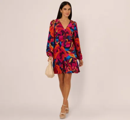 Adrianna Papell Wedding Guest Dresses|Day Dresses*Retro Floral Print Shirred Dress With Long Bishop Sleeves In Berry Multi