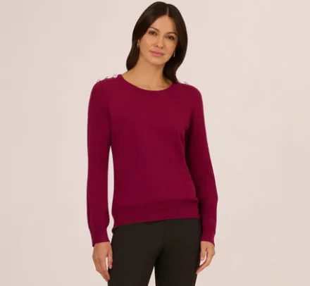 Adrianna Papell Tops & Blouses|Sweaters*Ribbed Detail Embellished Pullover Sweater In Wine Berry