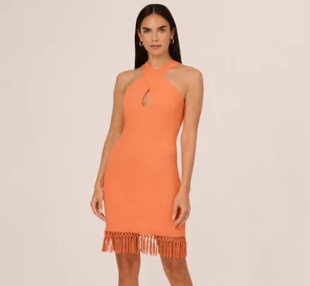 Adrianna Papell Wedding Guest Dresses|Day Dresses*Rib Knit Halter Dress With Fringe Skirt In