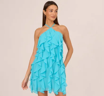 Adrianna Papell Wedding Guest Dresses*Ruffle Chiffon Halter Dress With Pockets In Azure Blue