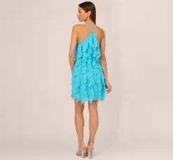 Adrianna Papell Wedding Guest Dresses*Ruffle Chiffon Halter Dress With Pockets In Azure Blue
