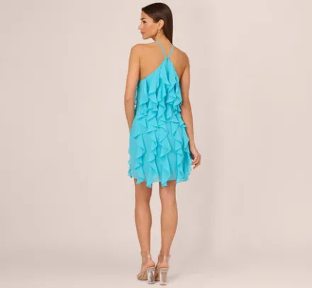 Adrianna Papell Wedding Guest Dresses*Ruffle Chiffon Halter Dress With Pockets In Azure Blue