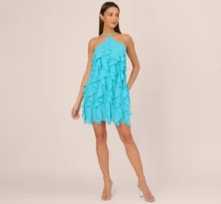 Adrianna Papell Wedding Guest Dresses*Ruffle Chiffon Halter Dress With Pockets In Azure Blue