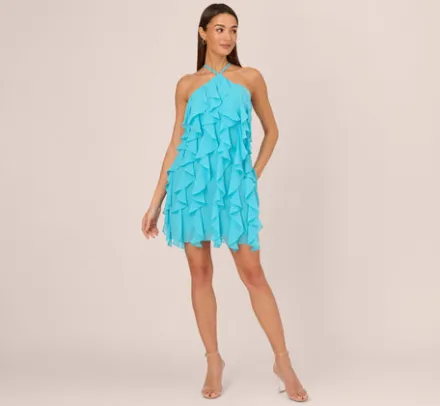 Adrianna Papell Wedding Guest Dresses*Ruffle Chiffon Halter Dress With Pockets In Azure Blue