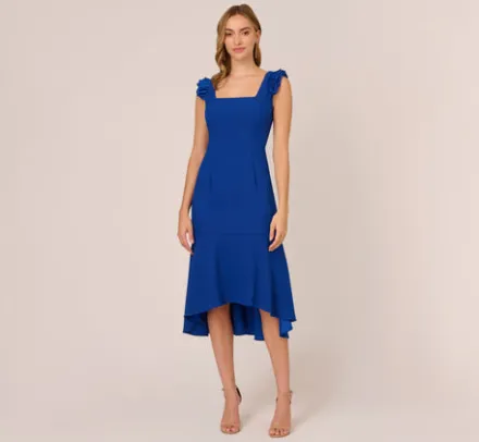 Adrianna Papell Wedding Guest Dresses|Petite-Friendly*Ruffled Satin Crepe Midi-Length High/Low Cocktail Mermaid Dress In Violet Cobalt