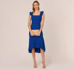 Adrianna Papell Wedding Guest Dresses|Petite-Friendly*Ruffled Satin Crepe Midi-Length High/Low Cocktail Mermaid Dress In Violet Cobalt