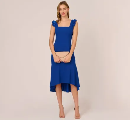 Adrianna Papell Wedding Guest Dresses|Petite-Friendly*Ruffled Satin Crepe Midi-Length High/Low Cocktail Mermaid Dress In Violet Cobalt