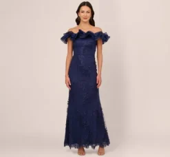 Adrianna Papell Wedding Guest Dresses|Formal Dresses*Ruffle Off The Shoulder Floral Lace Gown In Light Navy