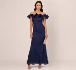 Adrianna Papell Wedding Guest Dresses|Formal Dresses*Ruffle Off The Shoulder Floral Lace Gown In Light Navy