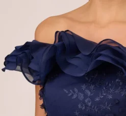 Adrianna Papell Wedding Guest Dresses|Formal Dresses*Ruffle Off The Shoulder Floral Lace Gown In Light Navy