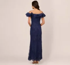 Adrianna Papell Wedding Guest Dresses|Formal Dresses*Ruffle Off The Shoulder Floral Lace Gown In Light Navy
