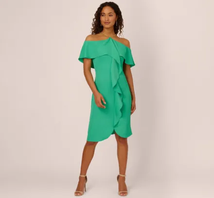 Adrianna Papell Wedding Guest Dresses|Day Dresses*Ruffle Popover Midi Dress With Chain Halter Neckline In Flora Green