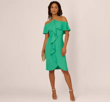 Adrianna Papell Wedding Guest Dresses|Day Dresses*Ruffle Popover Midi Dress With Chain Halter Neckline In Flora Green