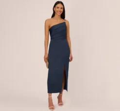 Adrianna Papell Wedding Guest Dresses|Formal Dresses*Satin Crepe One Shoulder Gown With Metal Ring Accent In Dark Navy
