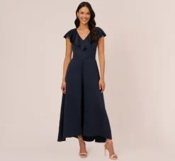 Adrianna Papell Jumpsuits|Day Dresses*Satin Crepe Ruffled Cropped Jumpsuit In Dark Navy