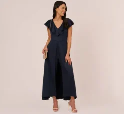 Adrianna Papell Jumpsuits|Day Dresses*Satin Crepe Ruffled Cropped Jumpsuit In Dark Navy