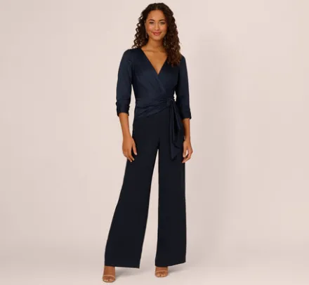 Adrianna Papell Jumpsuits|Day Dresses*Satin Crepe Three Quarter Sleeve Jumpsuit With Buckle Waist In Dark Navy