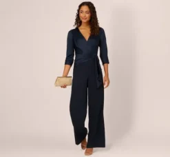 Adrianna Papell Jumpsuits|Day Dresses*Satin Crepe Three Quarter Sleeve Jumpsuit With Buckle Waist In Dark Navy
