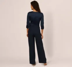 Adrianna Papell Jumpsuits|Day Dresses*Satin Crepe Three Quarter Sleeve Jumpsuit With Buckle Waist In Dark Navy
