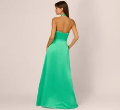 Adrianna Papell Wedding Guest Dresses|Formal Dresses*Satin Halter Gown With Cutout Bodice And Metal Accent In