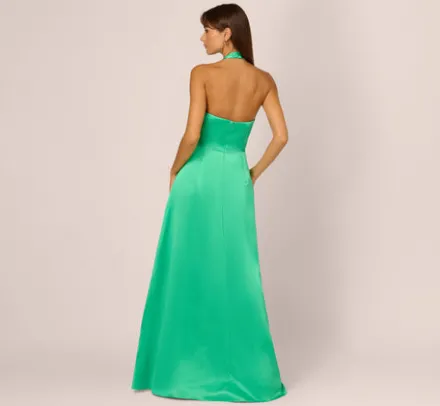 Adrianna Papell Wedding Guest Dresses|Formal Dresses*Satin Halter Gown With Cutout Bodice And Metal Accent In
