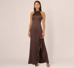 Adrianna Papell Wedding Guest Dresses|Formal Dresses*Satin Halter Mermaid Gown With Ruffle Trim In Dark Brown